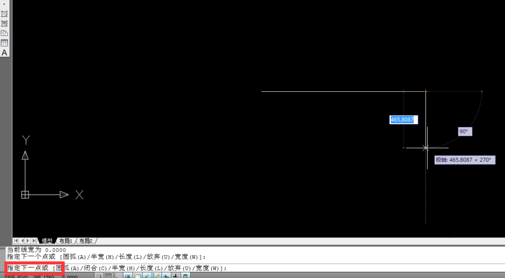 cad使用pl命令制作直线曲线的操作过程。