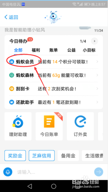 关于怎么领取支付宝蚂蚁会员积分。