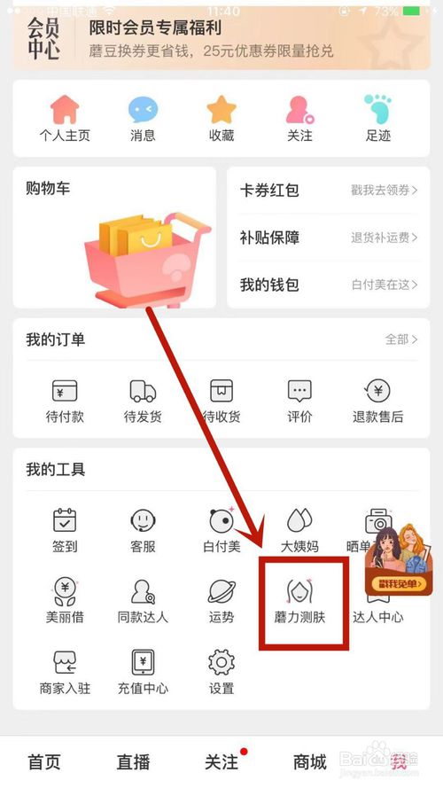 经验分享蘑菇街的魔力测肤怎么使用。