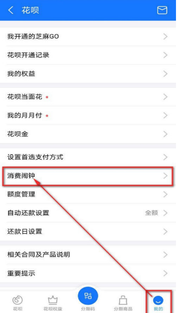 1602223936894703.png 经验分享支付宝花呗超额闹铃提醒怎么开启。