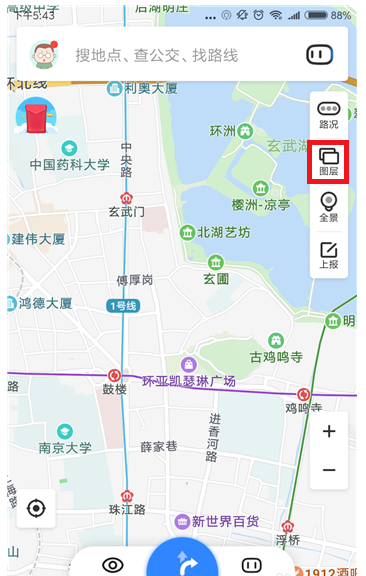 开启百度地图热力图，查看区域人流量。