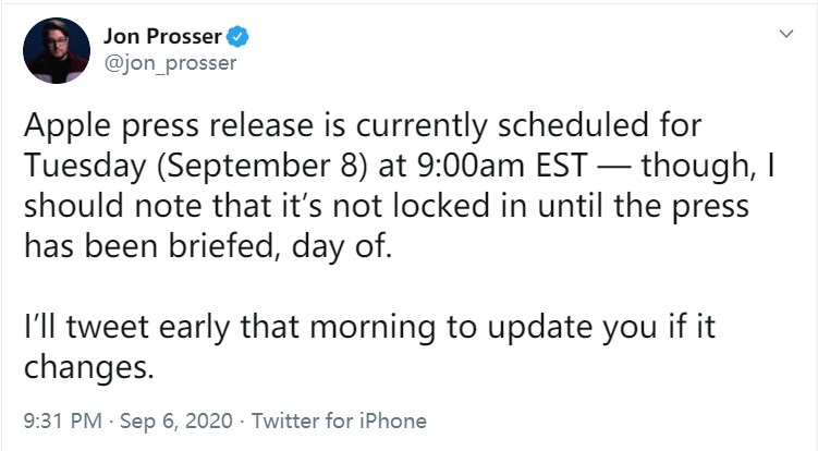 说说6消息称苹果 iPhone 12 秋季新品发布会暂定于 9 月 8 日美国东部时间上午 9 点。