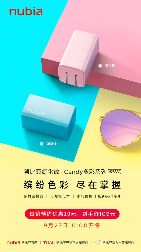 说说6努比亚65W氮化镓Candy多彩系列充电器开售 109入手。