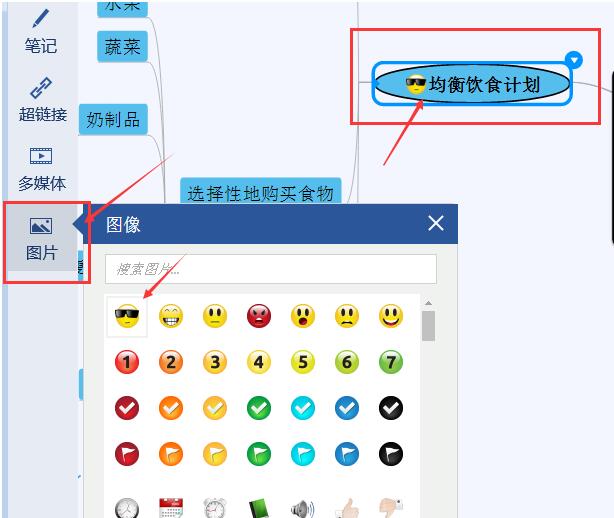 迅捷思维导图插入表情的操作过程。