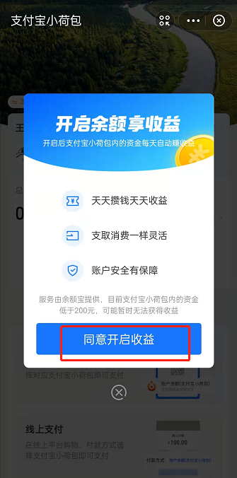 支付宝小荷包余额享收益如何开启。