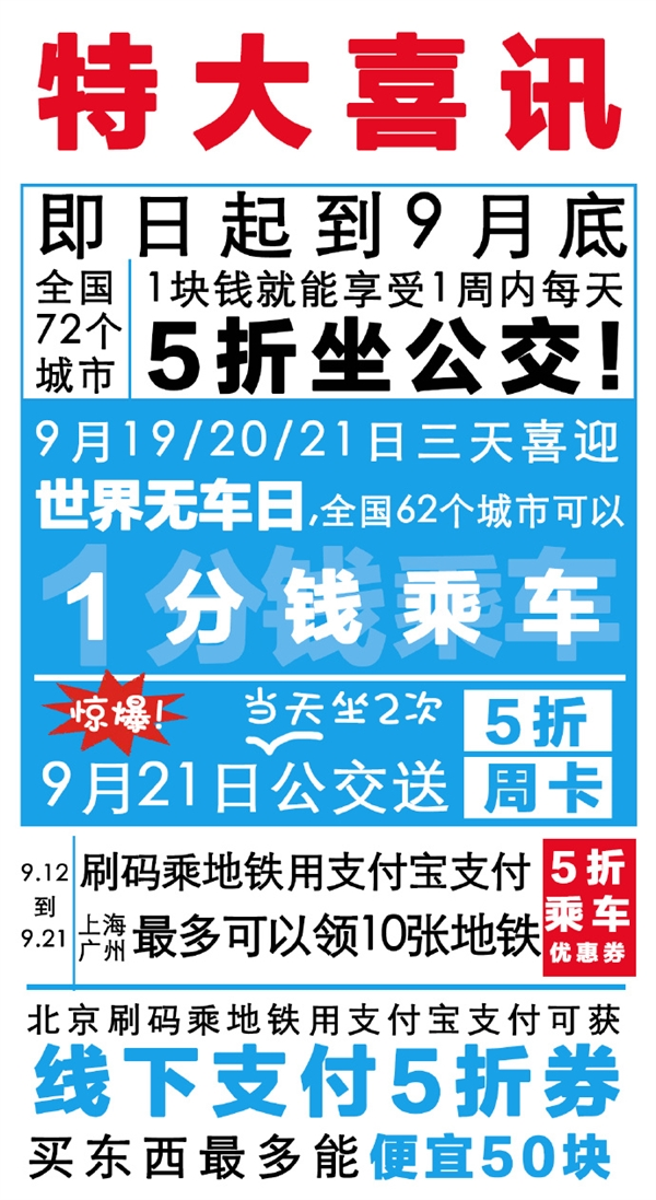 支付宝新活动，72个城市可享受5折坐公交